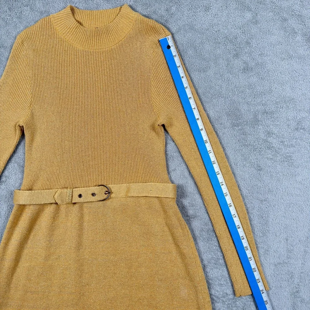 Free People Gold Lurex Ribbed Knit Belted Mini Dress Small French Girl Mock Neck